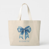 Preppy Blue and White Bow Personalized Grote Tote Bag (Achterkant)