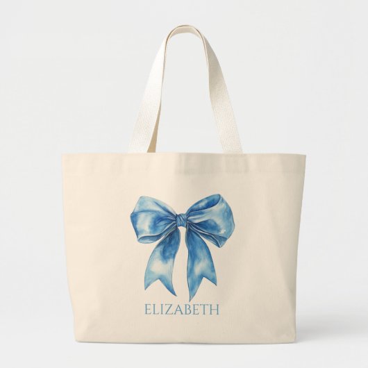 Preppy Blue and White Bow Personalized Grote Tote Bag (Voorkant)