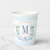 Preppy Blue and White Coastal Crest Baby shower Papieren Bekers (Achterkant)