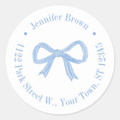 Preppy Blue Bow Baby shower retouradres Ronde Sticker (Voorkant)