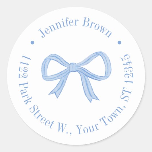 Preppy Blue Bow Baby shower retouradres Ronde Sticker (Voorkant)