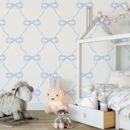 Preppy Blue Bow Grandmillennial stijl Behang