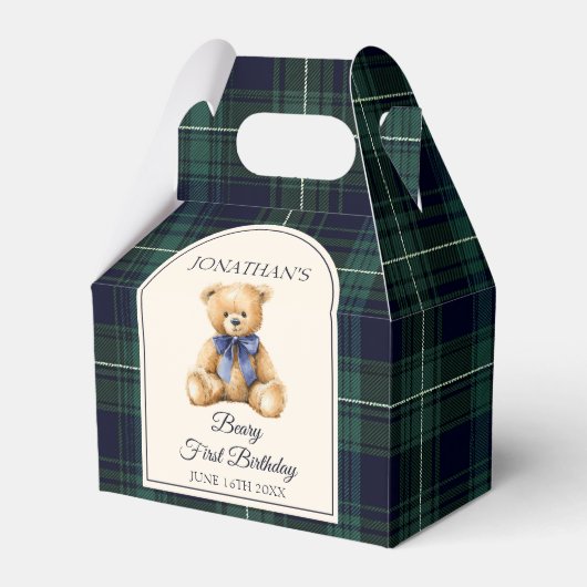 Preppy Blue Bow Teddy Bear Tartan Birthday  Bedankdoosjes (Voorkant Zijde)