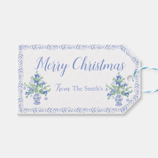 Preppy Blue Chinoiserie Kerstboom Ginger Jars Cadeaulabel (Voorkant (Horizontaal))