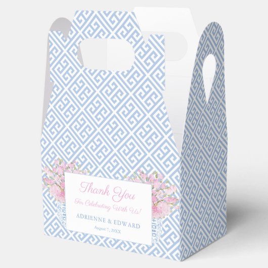 Preppy Blue en roze Chinoiserie Chic Wedding Bedankdoosjes (Geopend)