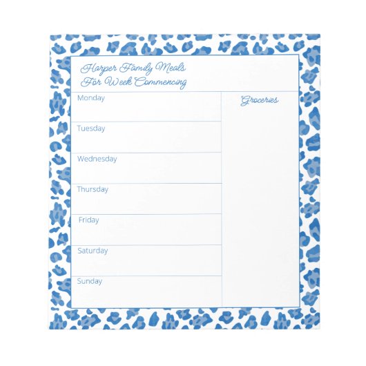 Preppy Blue en White Animal Print Meal Planner Notitieblok (Voorkant)