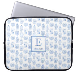 Preppy Blue en White Ginger Jar Print Monogram Laptop Sleeve