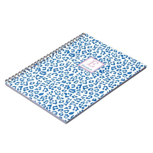 Preppy Blue en White Leopard Print Monogramed Notitieboek (Linkerzijde)