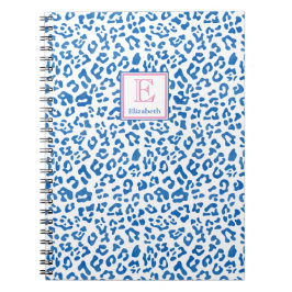 Preppy Blue en White Leopard Print Monogramed Notitieboek