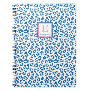 Preppy Blue en White Leopard Print Monogramed Notitieboek
