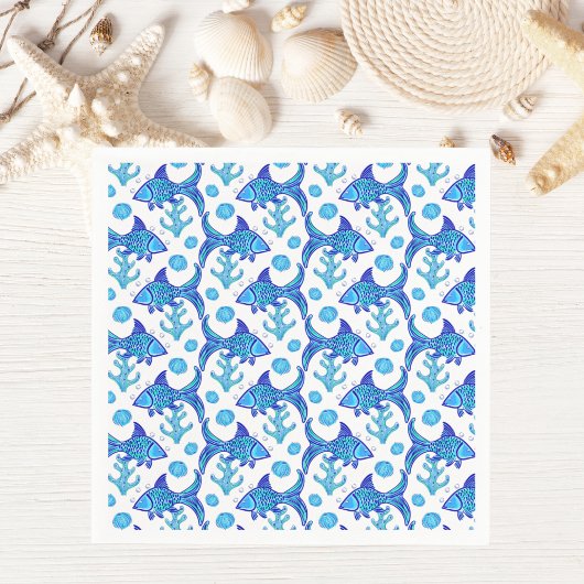 Preppy Blue Fish Patroon Kuststijl Servet