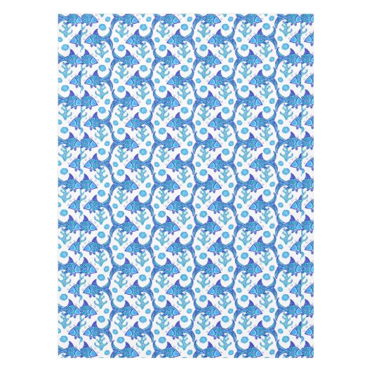 Preppy Blue Fish Pattern Coastal Beach House Boat Tafelkleed (Voorkant)