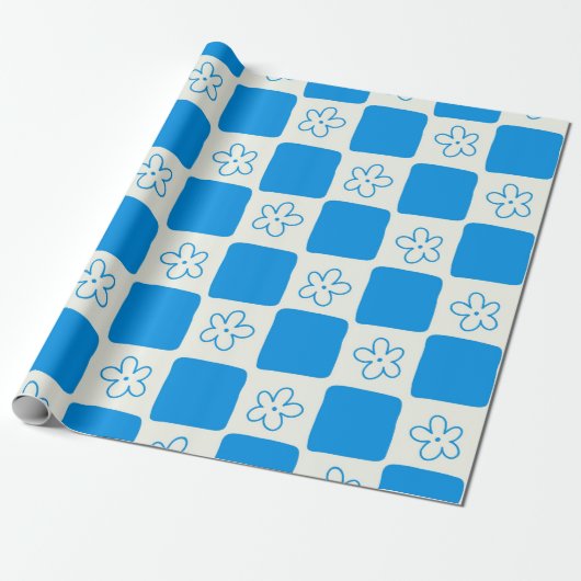 Preppy Blue Flower geruit patroon Cadeaupapier (Uitgerold)