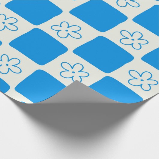 Preppy Blue Flower geruit patroon Cadeaupapier (Hoek)