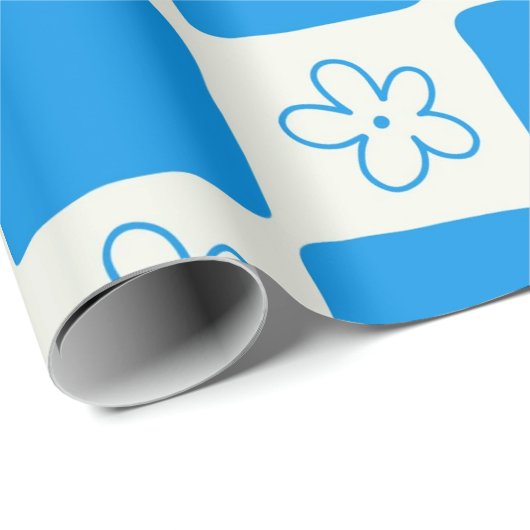 Preppy Blue Flower geruit patroon Cadeaupapier (Rol Hoek)