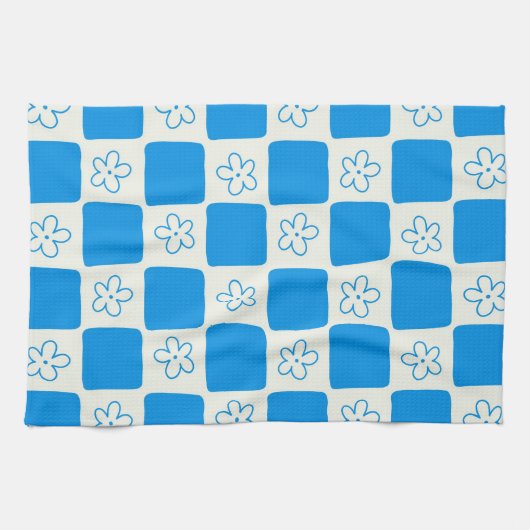 Preppy Blue Flower geruit patroon Theedoek (Horizontaal)