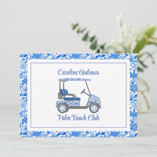 Preppy Blue Flowers Palm Beach Golf Cart Bedankkaart (Staand voorkant)
