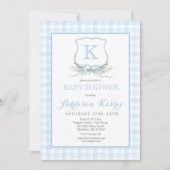Preppy Blue Gingham Crest Baby shower uitnodiging (Voorkant)