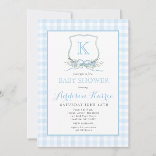 Preppy Blue Gingham Crest Baby shower uitnodiging (Voorkant)