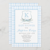 Preppy Blue Gingham Crest Baby shower uitnodiging (Voorkant / Achterkant)