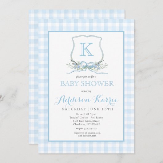 Preppy Blue Gingham Crest Baby shower uitnodiging (Voorkant / Achterkant)