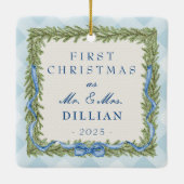 Preppy Blue Gingham foto Kerst Keramisch Ornament (Achterkant)