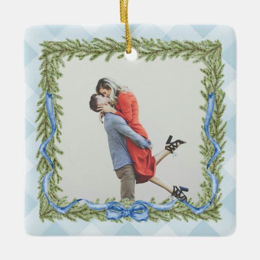 Preppy Blue Gingham foto Kerst Keramisch Ornament (Voorkant)