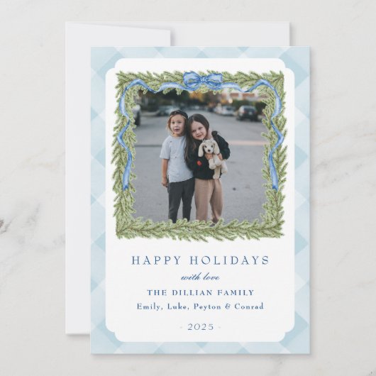 Preppy Blue Gingham Foto Vakantie Kaarten (Voorkant)