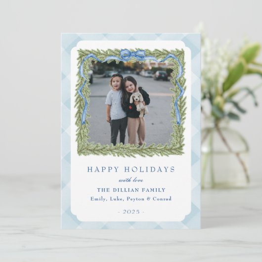 Preppy Blue Gingham Foto Vakantie Kaarten (Staand voorkant)