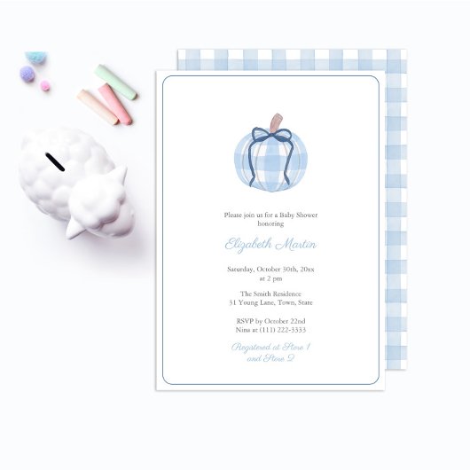 Preppy Blue Gingham Pumpkin Boy Baby shower Party Kaart