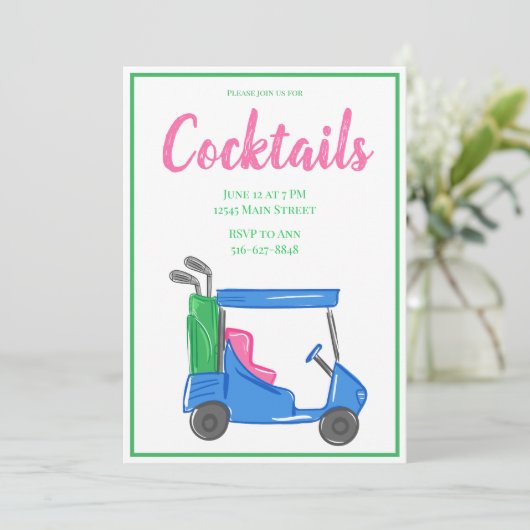 Preppy Blue Golf Cart Cocktail Party Kaart (Staand voorkant)