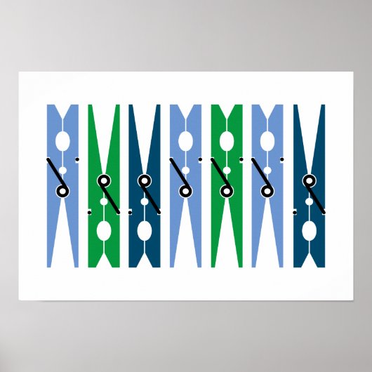 Preppy Blue Green Clothes Pins Laundry Room Art Poster (Voorkant)