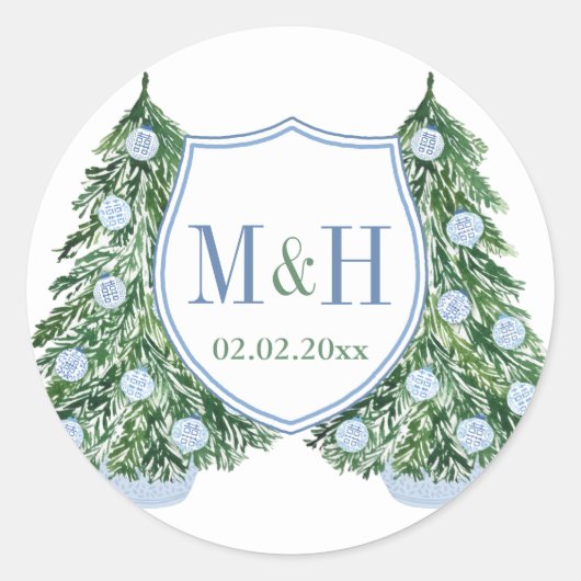 Preppy Blue Green Feestdagen Wedding Monogram Favo Ronde Sticker (Voorkant)