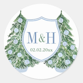 Preppy Blue Green Feestdagen Wedding Monogram Favo Ronde Sticker