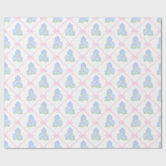 Preppy Blue Hydrangea with Pink Bow Trellis Cadeaupapier (Vlak)