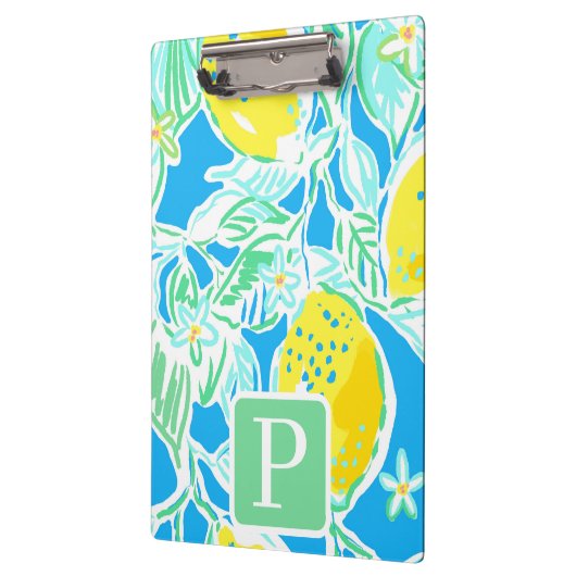 Preppy Blue Lemon Pattern Initiaal Klembord (Links)