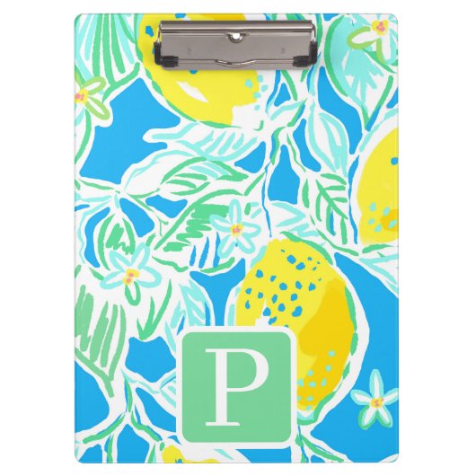 Preppy Blue Lemon Pattern Initiaal Klembord (Voorkant)