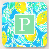 Preppy Blue Lemon Pattern Initiaal Onderzetters (Voorkant)