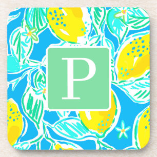 Preppy Blue Lemon Pattern Initiaal Onderzetters