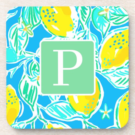 Preppy Blue Lemon Pattern Initiaal Onderzetters (Voorkant)
