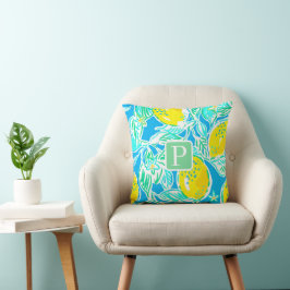 Preppy Blue Lemon Pattern Initiaal Pillow Kussen