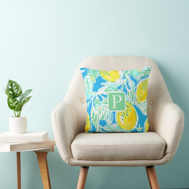 Preppy Blue Lemon Pattern Initiaal Pillow Kussen (Stoel)