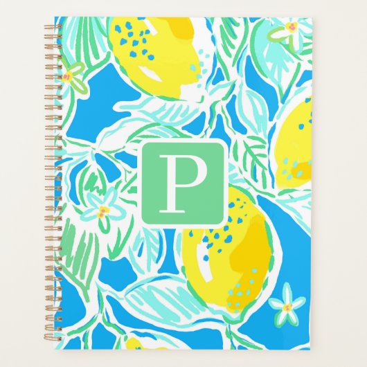 Preppy Blue Lemon Pattern Initiaal Planner (Voorkant)