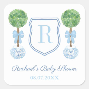 Preppy Blue Monogram Boxwood Baby shower Favor Vierkante Sticker