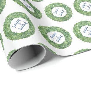 Preppy Blue Monogrammed Green Boxwood Wreath Cadeaupapier