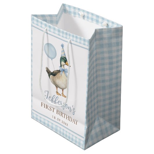 Preppy Blue One Lucky Duck 1e verjaardagsfeestje Medium Cadeauzakje (Voorkant Gekanteld)