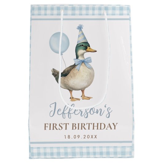 Preppy Blue One Lucky Duck 1e verjaardagsfeestje Medium Cadeauzakje (Achterkant)