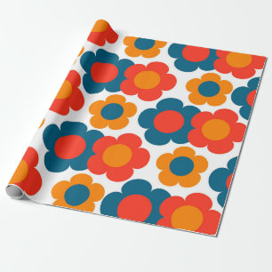 Preppy Blue Oranje Hippie Flower Pattern Cadeaupapier