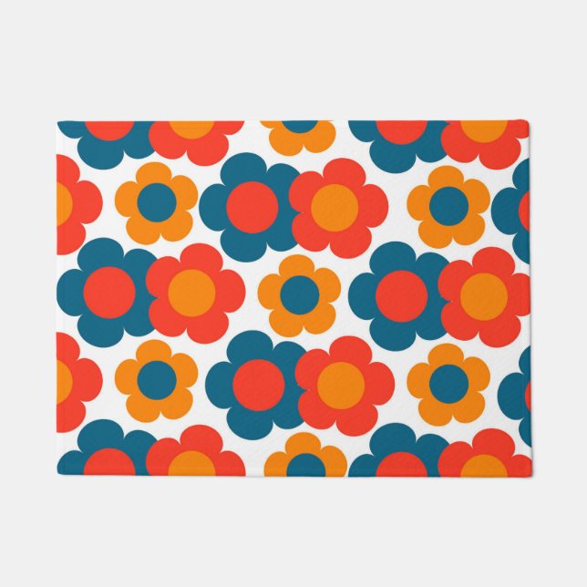 Preppy Blue Oranje Hippie Flower Pattern Deurmat (Voorkant)