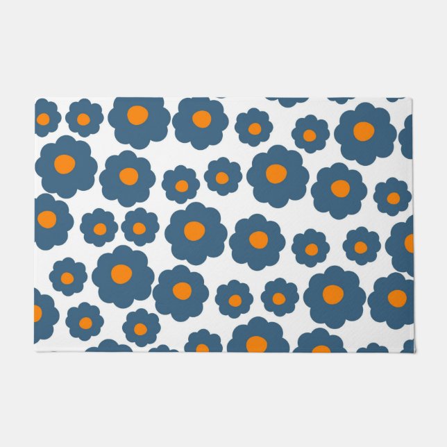 Preppy Blue Oranje Hippie Flower Pattern Deurmat (Voorkant)